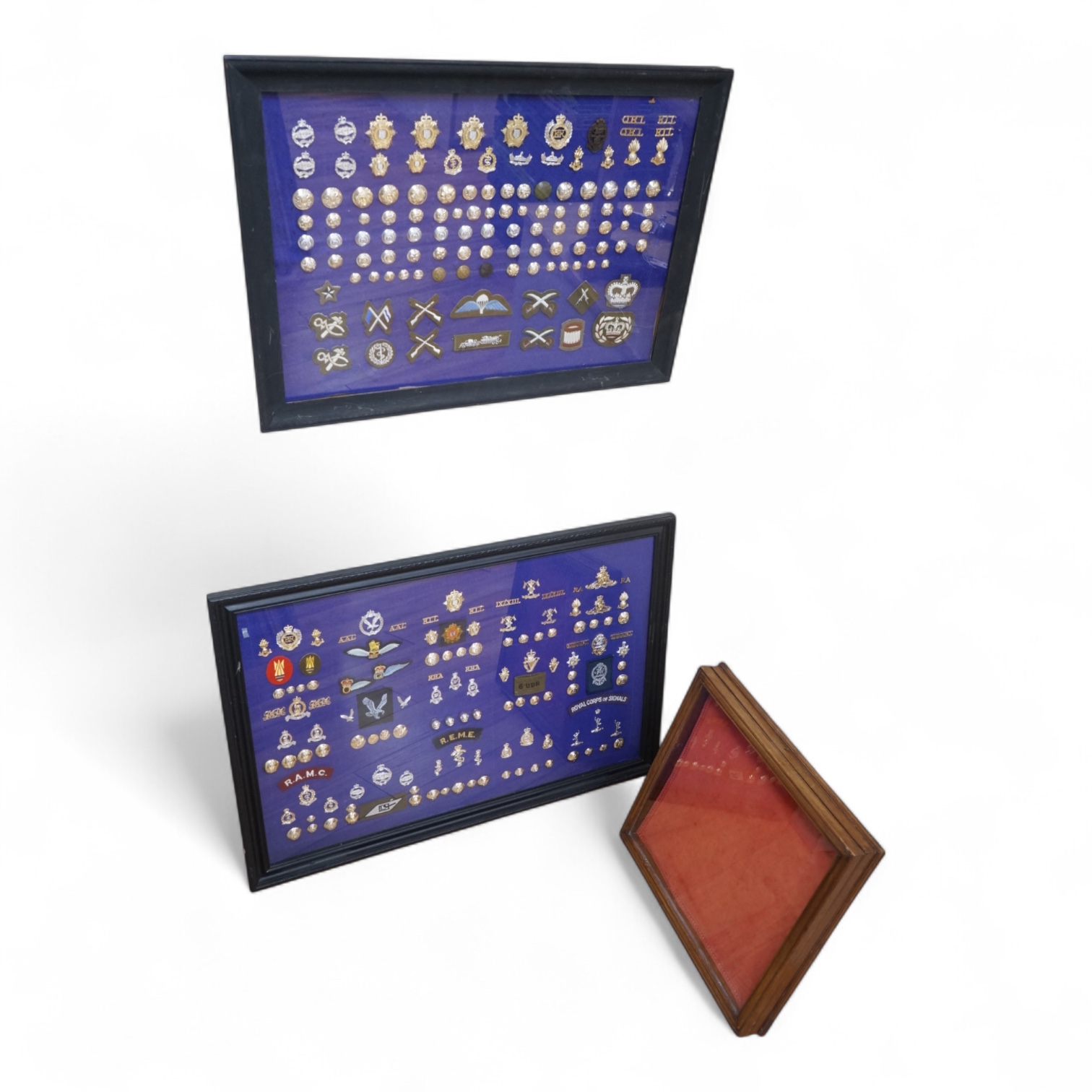 Two display cases containing military cap badges, buttons and shoulder titles, including; the Royal Medical Corps, the Royal Tank Regiment, the Royal Corps of Signals, the Royal Electrical and Mechanical Engineers, etc.